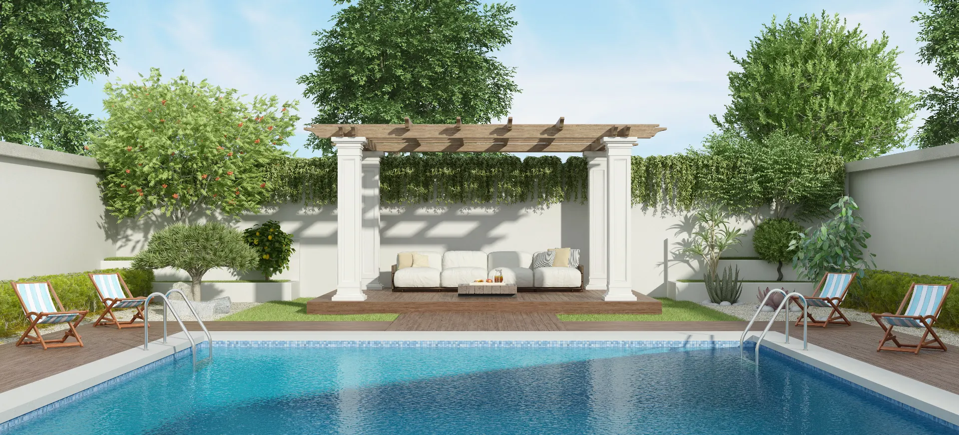 Large luxury garden swimming pool surrounded by professional landscaping in Northern Utah by Barr Pool Builders